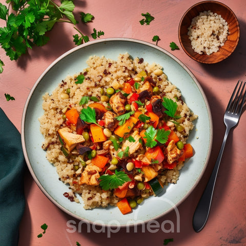 Verpakte kant-en-klare maaltijd van biologische quinoa met groenten, vol van smaak met gekruid gehakt en bonen, ideaal om thuis gemakkelijk op te warmen en klaar voor thuisbezorging