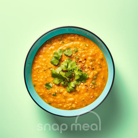 Verpakte kant-en-klare maaltijd van Indiase rode linzensoep, vol van smaak, ideaal om thuis gemakkelijk op te warmen en klaar voor thuisbezorging