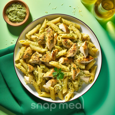 Verpakte kant-en-klare maaltijd van Italiaanse kip pesto penne met verse basilicum, ideaal om thuis gemakkelijk op te warmen en klaar voor thuisbezorging